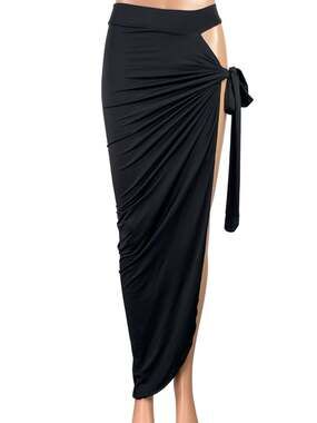 Oh Polly Black Cutout Tie High Waisted Drape Asymmetric Pencil Maxi Skirt Size 0
